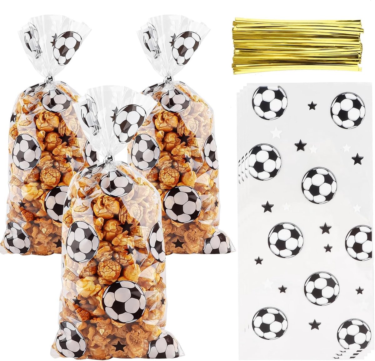 50 stuks cellofaan traktatiezakjes zwart wit voetbal cellofaan snoep koekjes geschenkzakken 12,7 x 27,4 cm met sluitstrips voor snack bakkerij verjaardag bruiloft party