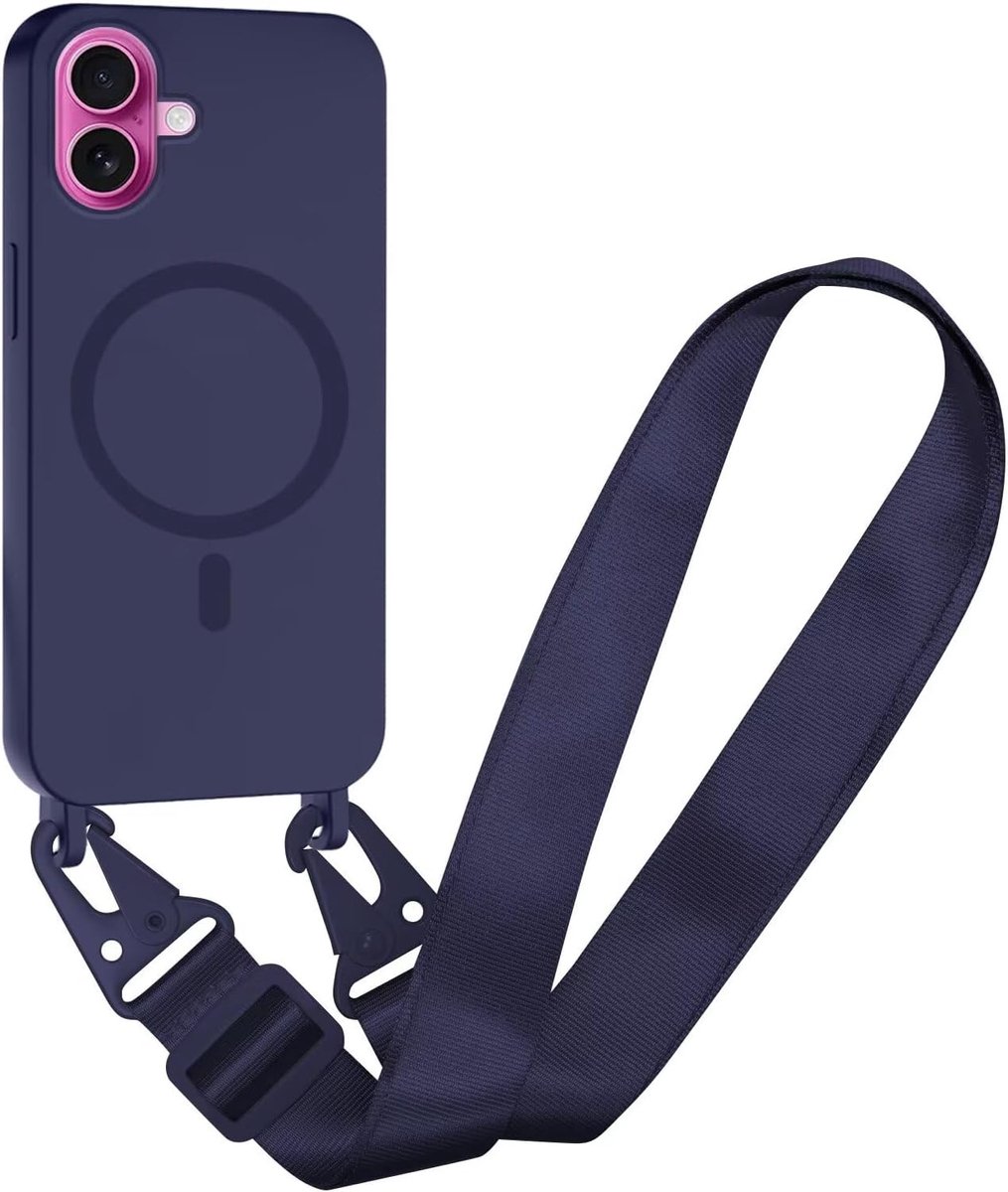Compatibel met iPhone 16 Plus Draadloos opladen, Schokbestendige Verwijderbare Telefoon Case met Verstelbare Nekoord Ketting Zachte Cover voor iPhone 16 Plus, Marineblauw