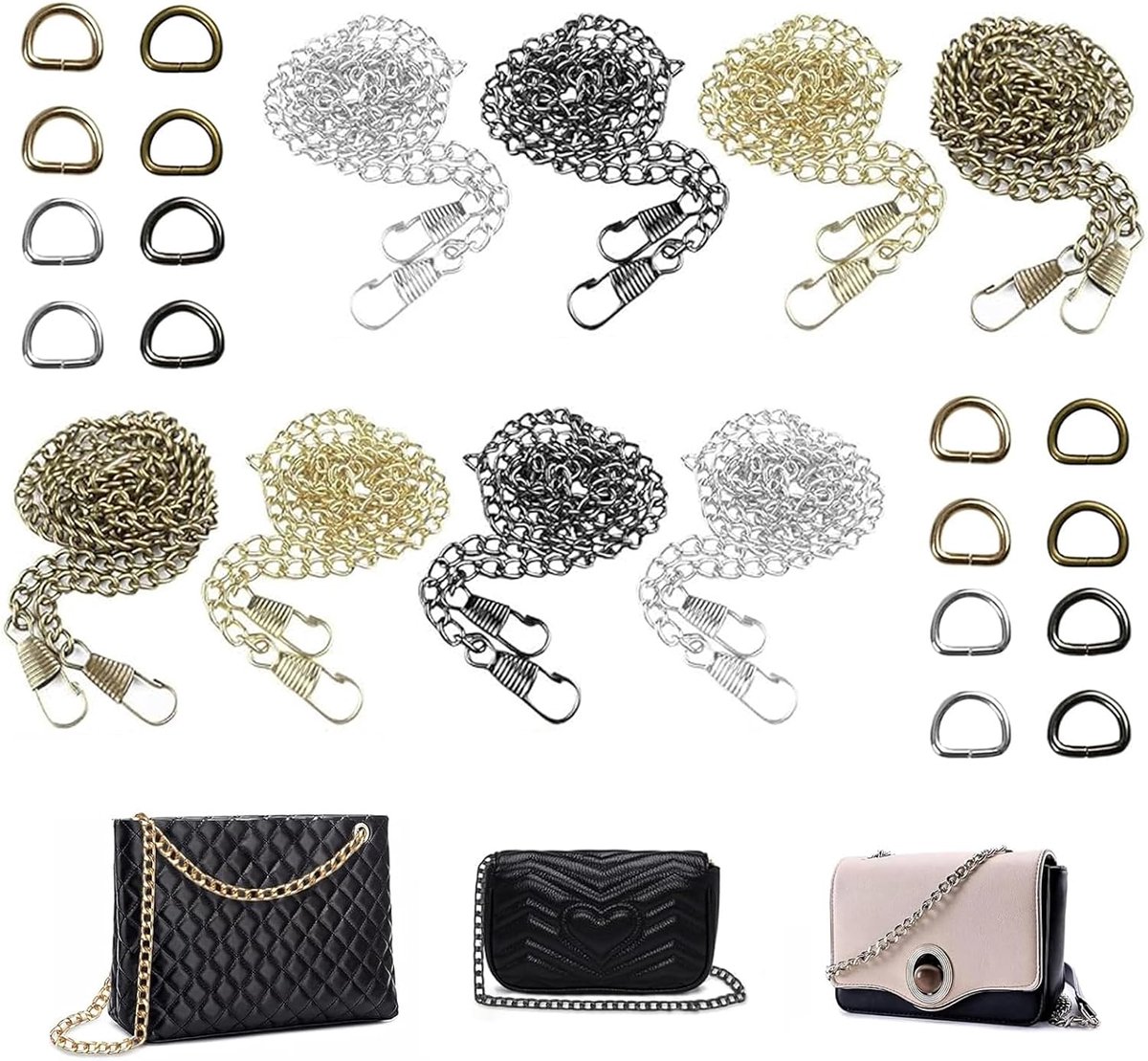 8 stuks tasketting, handtasketting, taskettingen zilver 120 cm tasriemketting met 16 D-ringen voor schoudertas crossbody tas