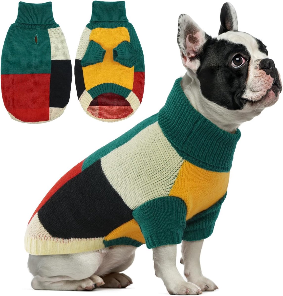 Rolkraag voor middelgrote honden, kleurblokkerende trui met pijpen, warm, met harnasgat voor Franse buldog, groen, M