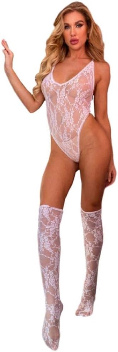 Lingerie Dameslingerie Diepe V Erotische Vrouwen Kostuums Lingerie Porno Backless Kanten Beha Kousen Verleiding See Through Ondergoed Dames Nachtkleding-White_L