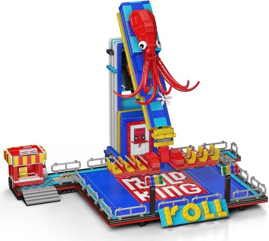 Bouwset van een kermisattractie met rode octopus en achtbaan.