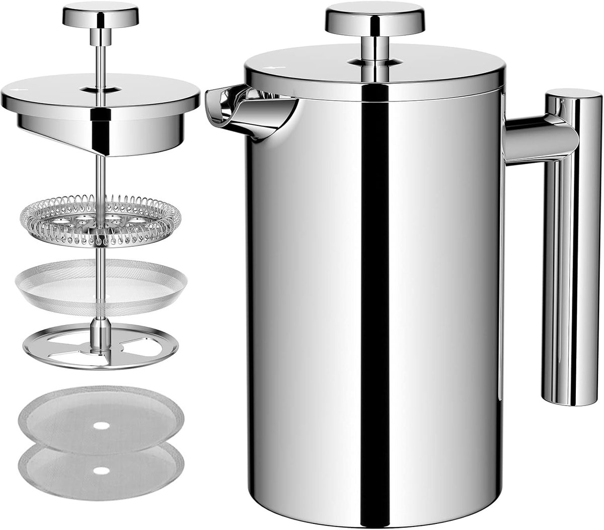 French Press 0,6 liter, 3 kopjes dubbelwandige roestvrijstalen koffiebereider, thermo, 600 ml, kleine Franse koffiepers, zilver