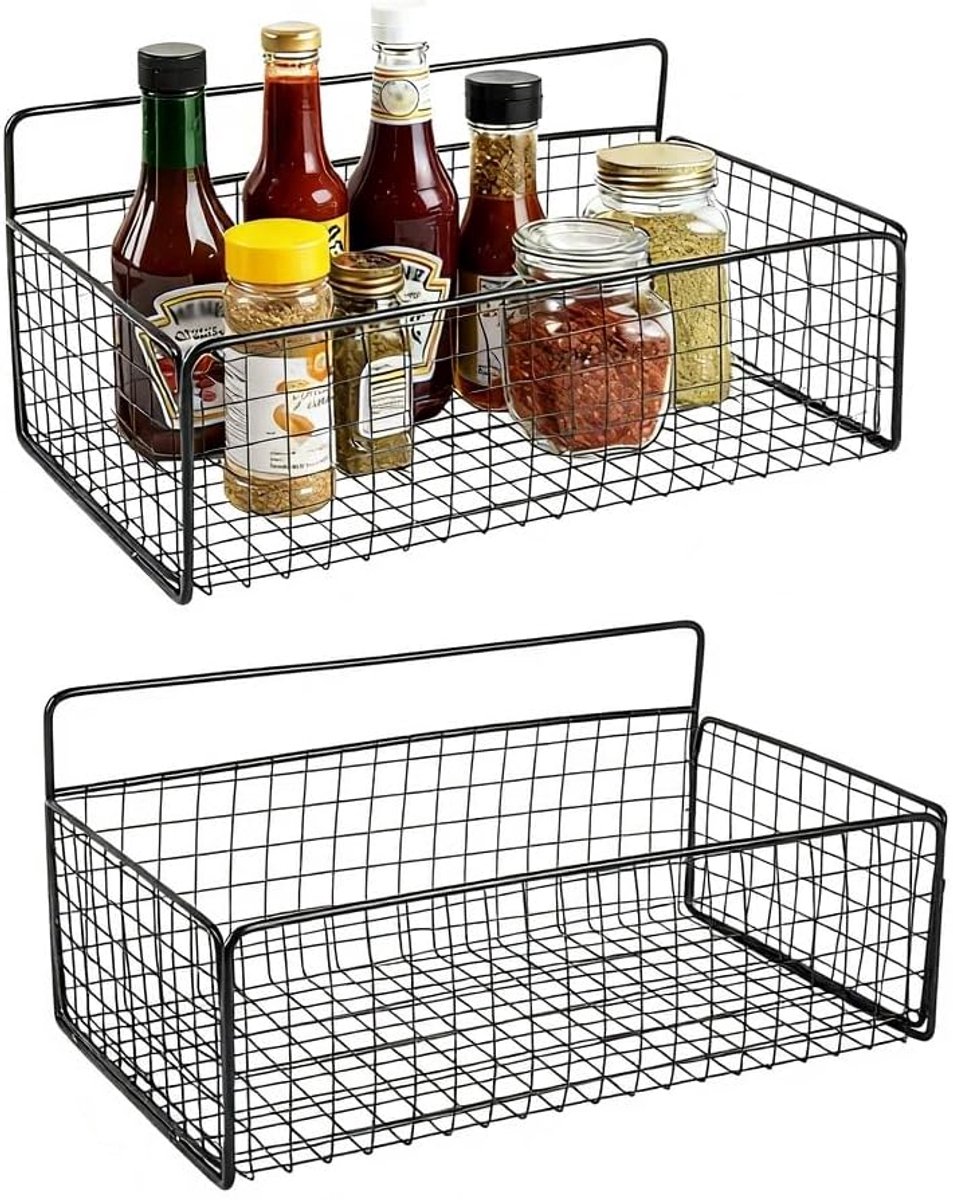 Hangmand, keuken, set van 2, groot, zonder boren, metalen mand, wandmand, draadmand voor olieflessen, kruidenorganizer en keukenorganizer als kruidenrek, hangende opslag