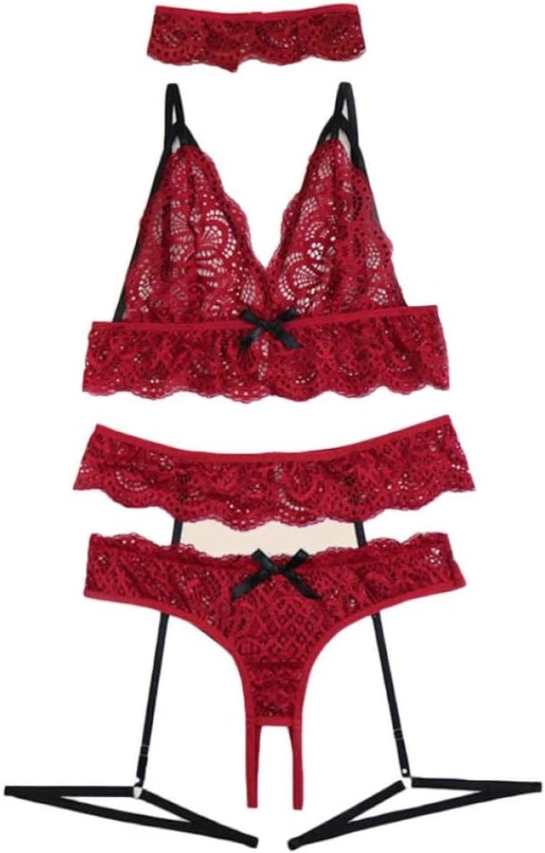 Kleding 3 ST Erotische Lingerie Vrouwen Sexy Kanten Beha Verleiding Sex Lingerie Kousenband Slips Nachtkleding Perspectief Dames Set-Red_XL