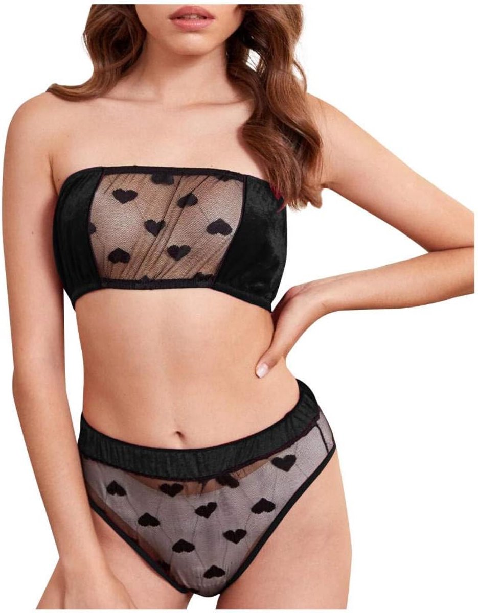 Sexy lingerie dames v-hals doorschijnende kanten kimono lingerie nachthemd ondergoed sexy set negligé jurk met stringsexy lingerie mesh doorschijnende erotische lingerie hartvormig doorschijnend ondergoed-zwart_L