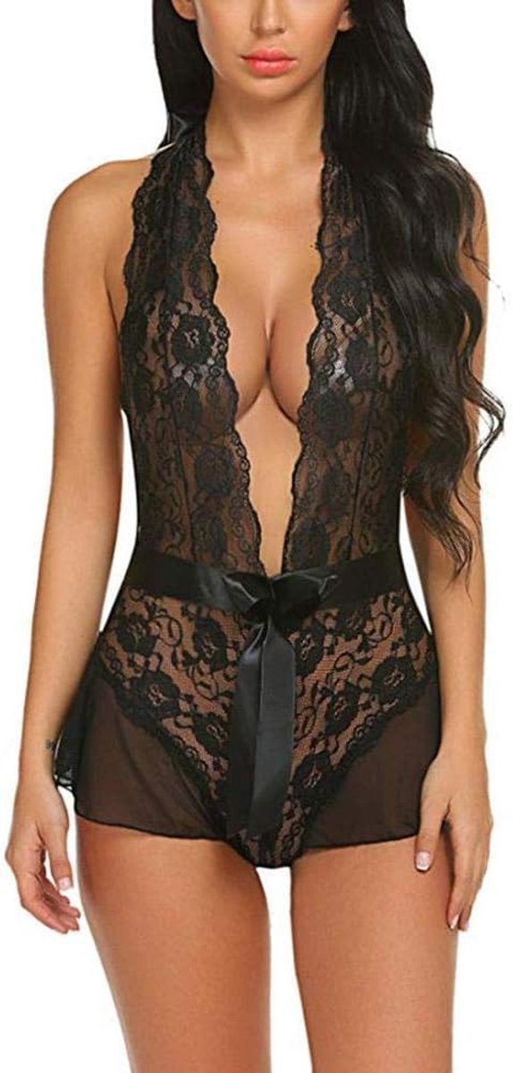 Nachtkleding kant lingerie sexy jurk met string voor damesDames Ondergoed Set Lingerie Set Kanten Strik Bodysuit Sexy Lingerie Backless Jumpsuit Ondergoed-Black_L