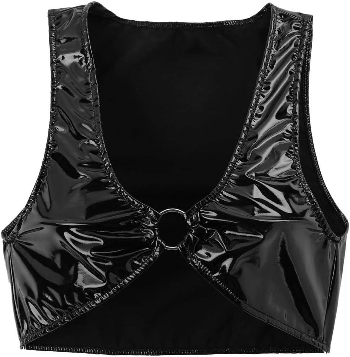 Klassiek Bh set Jarretellegordel en Kous LingeriePaaldansen Dames Lakleer O-ring Rave Tanktop Clubwear Bar Stage Performance Costumee-Black_L