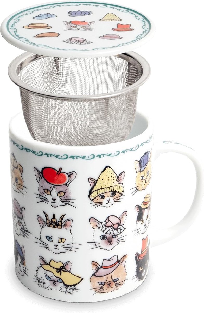 Theebeker met filter - Katten - Theeglas 300 ml - Theebeker groot - Met deksel - Porselein - Theeglas met filter - Theefilter - Theemok set - Theemok met zeef en deksel - Drinkbeker - Koffiebeker