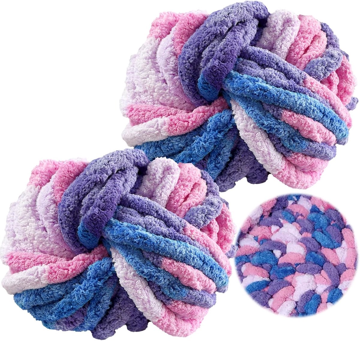 Wol om te haken, 250 g x 2, Chunky garen, XXL bosbessen, superzacht, dik wolgaren om met de hand te breien, Chunky chenille garen, wollig, voor het haken van dekens, sjaals, mutsen, sierkussens