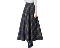 Ebossy Lange maxi-rok met zak voor dames, hoge taille, wolmix, geruit, A-lijn
