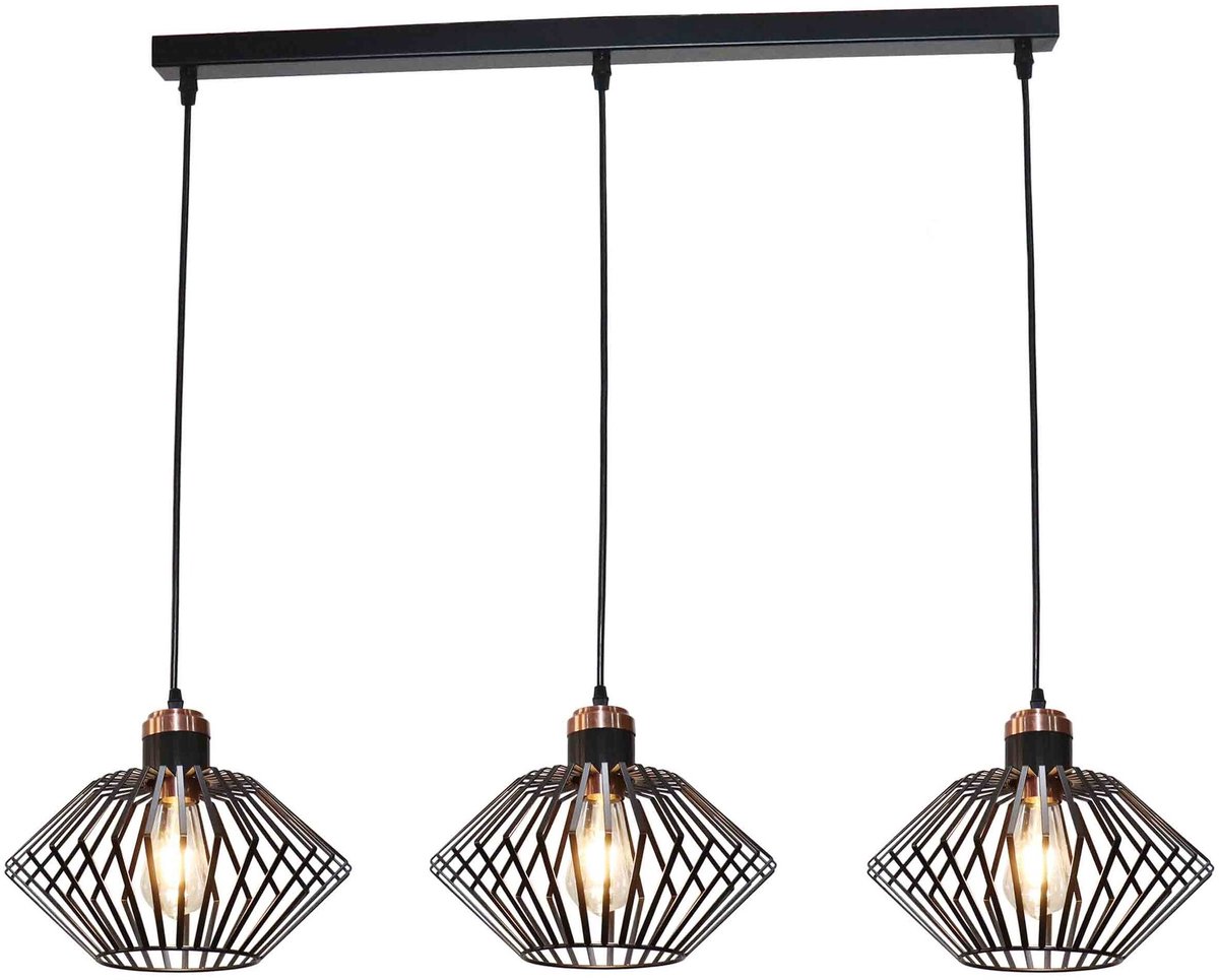 Shuru hanglamp met zwart-koperen balk, 3x E27 fitting, staal, breedte 116 cm, IP20
