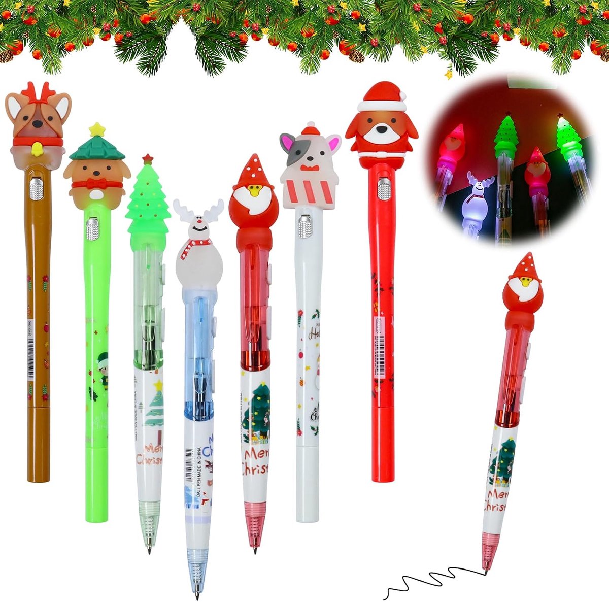 Intrekbare balpen, 7 stuks, kleurrijke kerstbalpen, pen, Kerstmis, led-balpen, Kerstmis, voor studenten, kinderen, cadeau