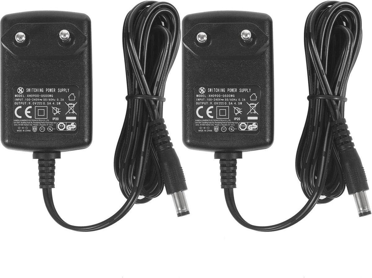 2 stuks DC 9 V 0,5 A voeding, stekker 5,5 mm x 2,1 mm, negatief midden