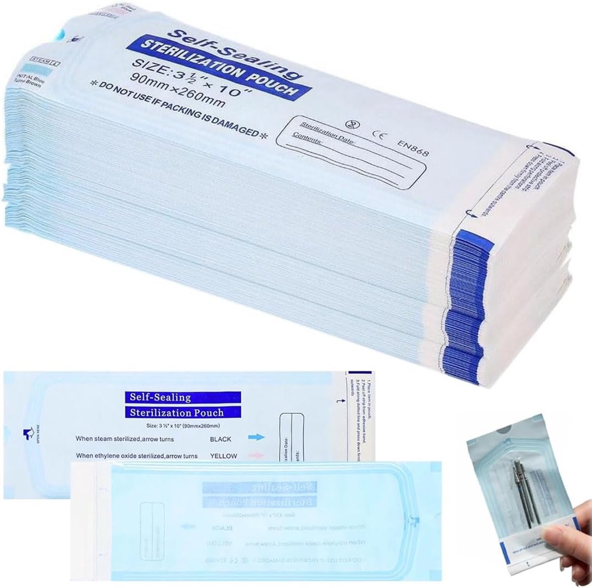 Zakken voor het afdichten en opbergen van manicure- en schoonmaakgereedschap, maat 90 x 260 mm, pakket van 200 stuks, ideaal voor schoonheidssalons en thuisgebruik