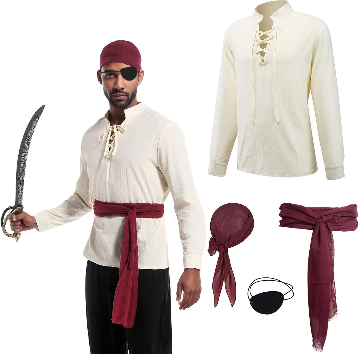 4-delig piratenkostuum voor volwassenen en heren, middeleeuws shirt met piraataccessoires voor Halloween, carnaval, feest