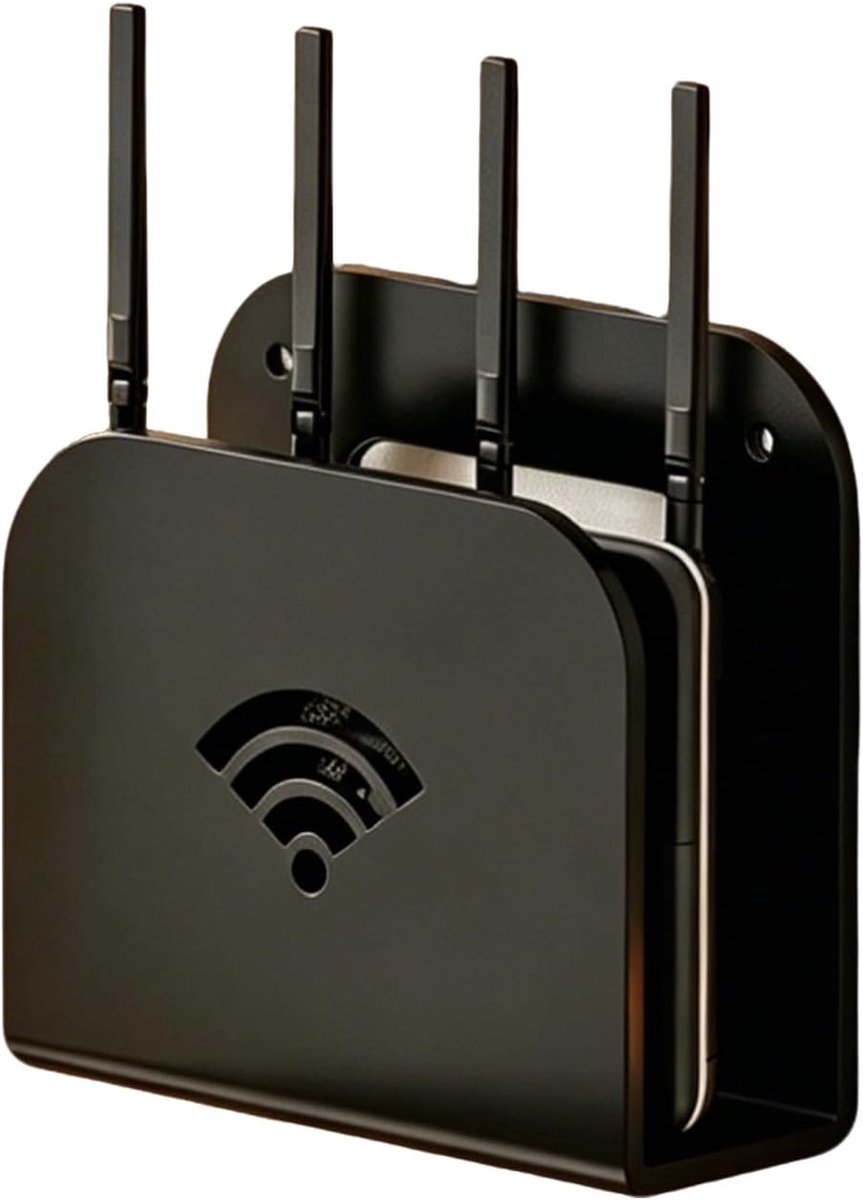 Wandhouder, routerrek, routerbox, 2 montagesoorten, metaal, wandhouder voor router met kleefpad en schroeven voor woonkamer, slaapkamer, zwart