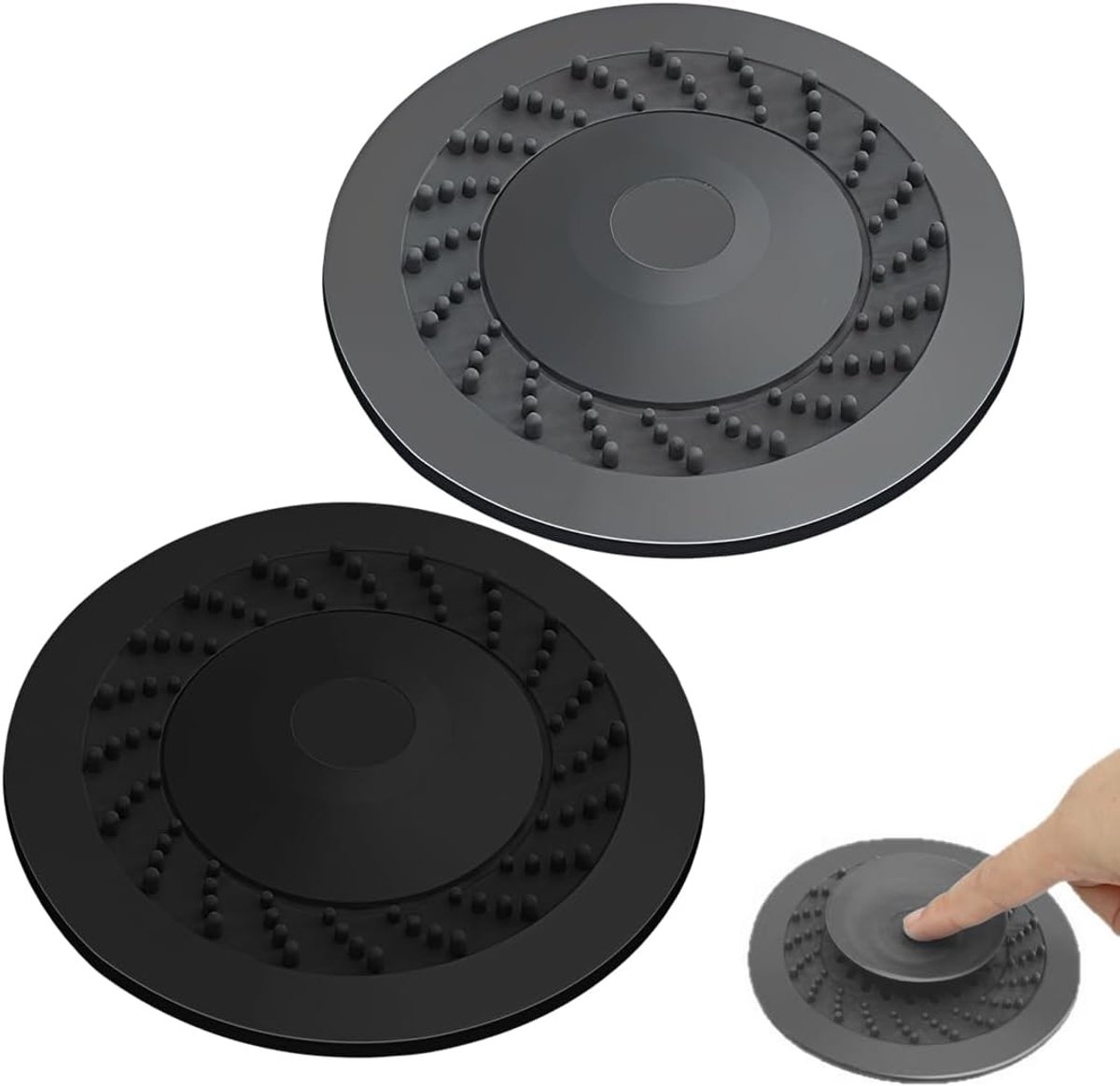 2 stuks universele siliconen afvoerstoppen met filter, verstopping en geurbescherming, voor wastafels, badkuipen en wastafels, zwart, grijs (B)