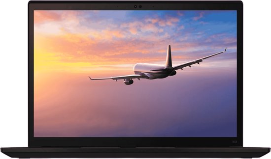 Zwarte Lenovo ThinkPad X13 laptop met een vliegtuig dat opstijgt op het scherm.