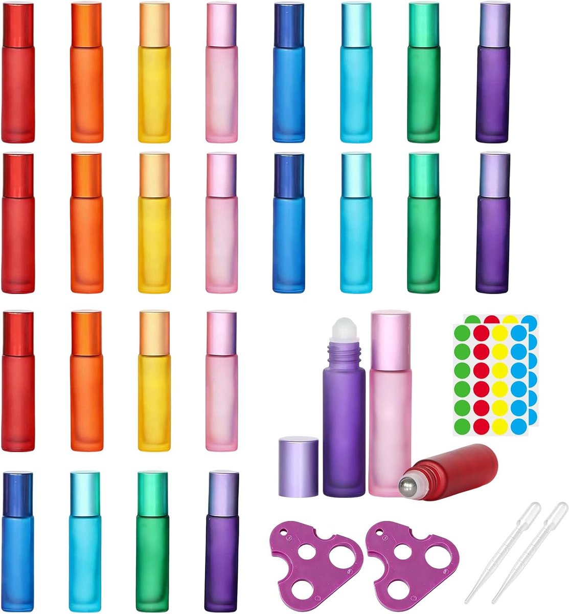 24 stuks Roll on glazen flessen voor etherische olie, 10 ml kleur roll-on fles, leeg met roestvrijstalen rollerbal druppelopener, stickers, navulbare deoroller om te vullen voor doe-het-zelf oliën