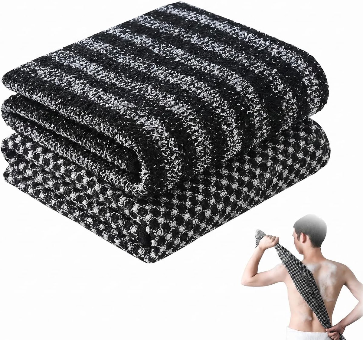 Set van 2 Japanse exfoliërende handdoek voor het lichaam, 25 x 100 cm, voor peeling en dode huid, badaccessoires, zwart (mesh en strepen) voor dames en heren