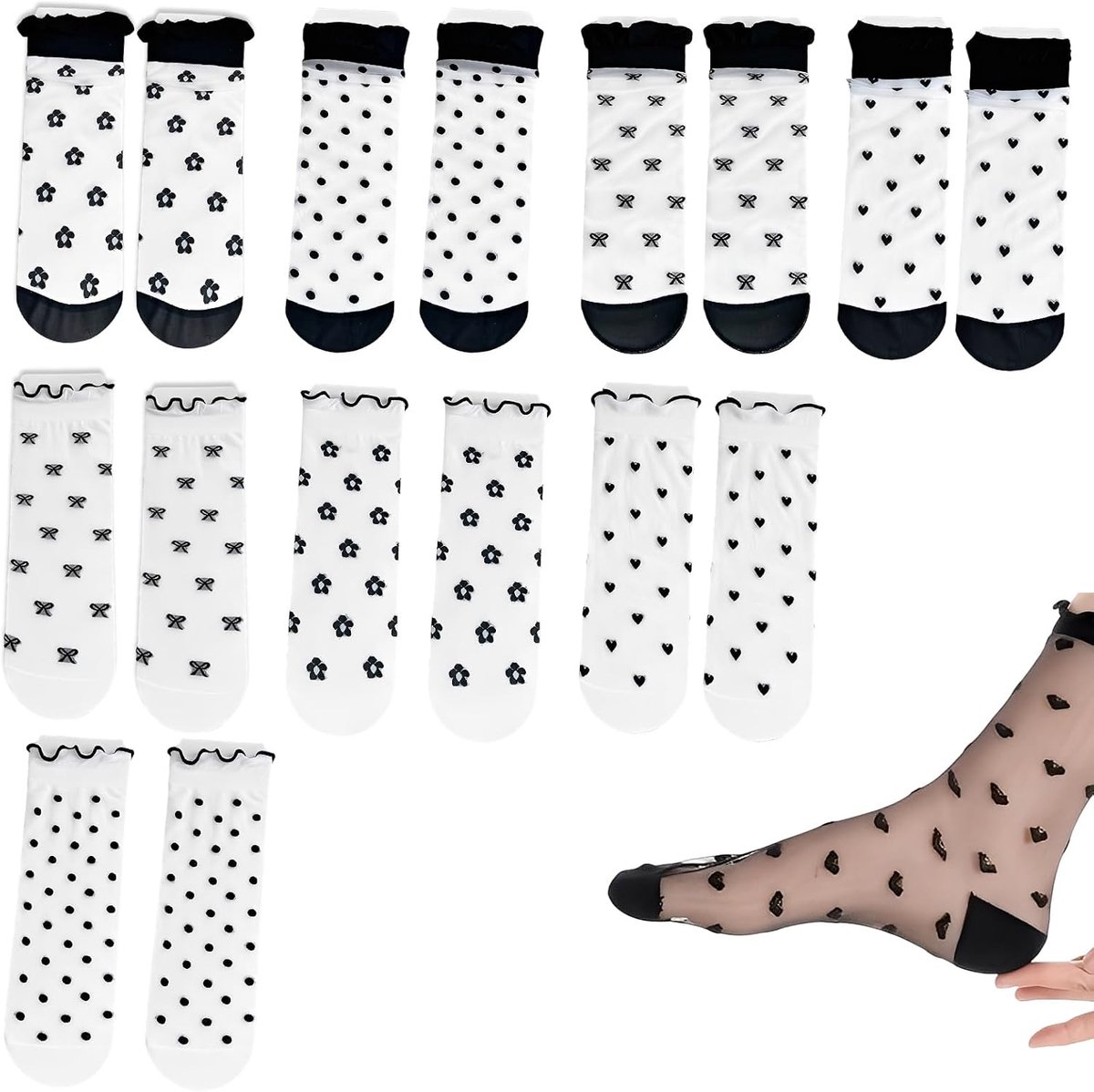 Sokken middelhoog model popsokken set van 8 paar – ademende dunne nylonsokken met bloemenprint – zomer sokken zwart wit – comfortabel voor dagelijks gebruik
