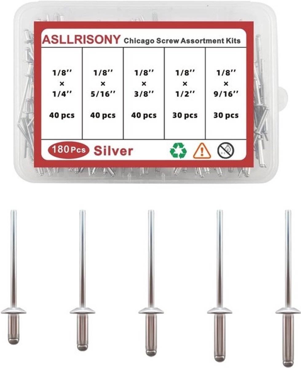 Klinknagels Assortimentskit - 180 Stuks in 5 Maten - Aluminium Blinde Popklinknagels voor Doe-Het-Zelf en Reparaties