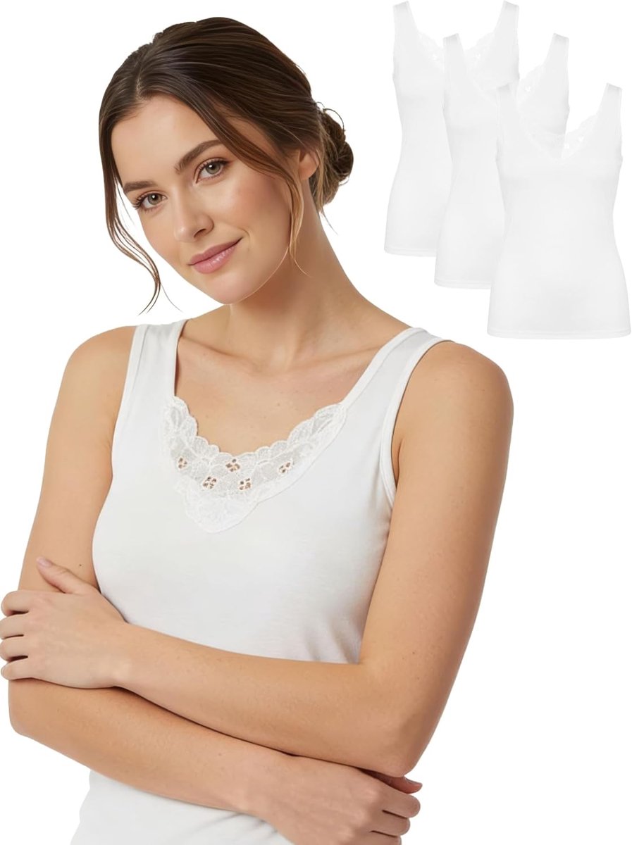 Treasure Set van 3 onderhemden voor dames, wit, spaghettibandjes, top, katoenen onderhemd, met of zonder kant