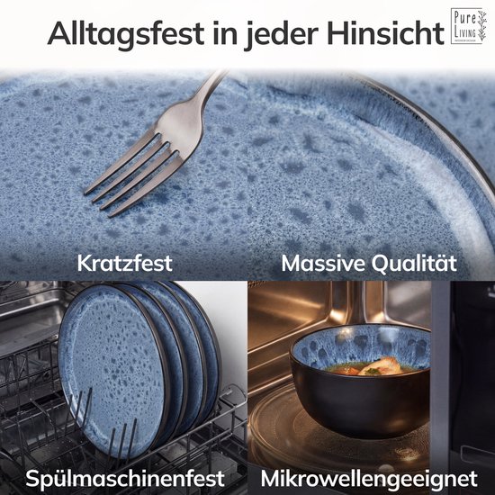 4 borden met spikkelpatroon in donkerblauw en wit, vaatwasmachinebestendig en magnetronbestendig.