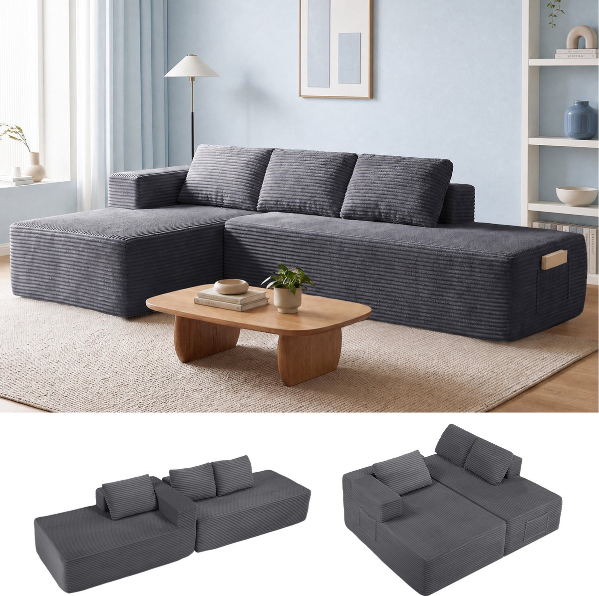 COMHOMA Hoekbank 255 cm - Corduroy L-vorm met Slaapfunctie - Grijs-R