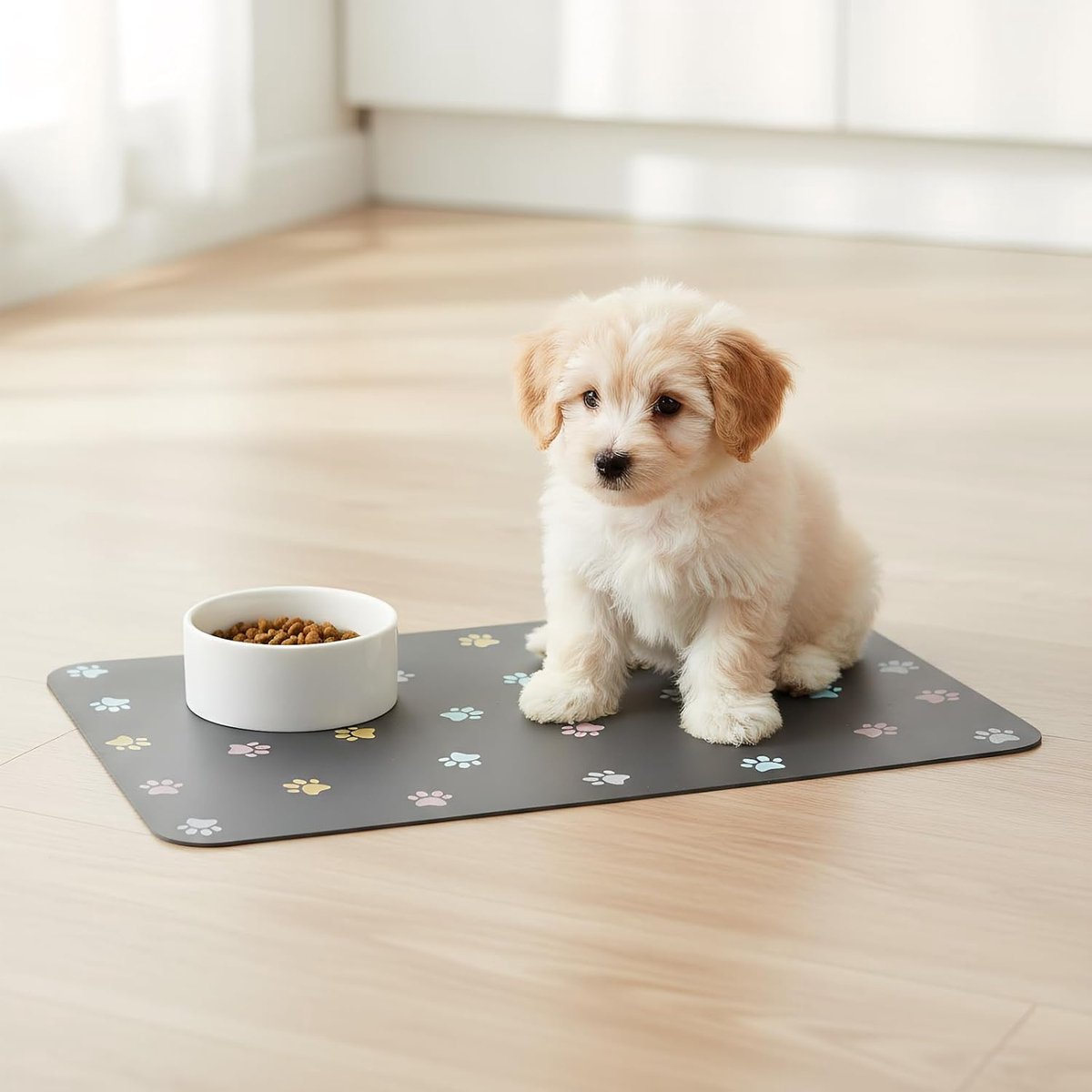 Huisdiervoedermat voor honden en katten, voermat voor katten, voermat voor honden, antislip, sneldrogend, licht, reinigen, voermat voor huisdieren (donkergrijs, meervoudig pootpatroon, 30 x 45 cm)