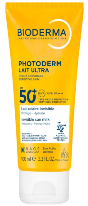 Gele zonnebrandcrème tube met witte dop. BIODERMA PHOTODERM LAIT ULTRA SPF 50+ PA++++. Zeer hoge bescherming.