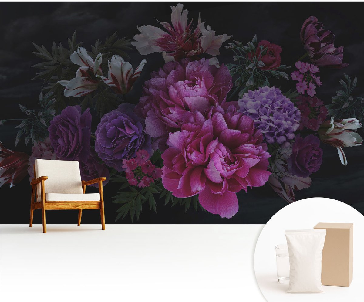 Wallfluent Fotobehang - Roze Vliesbehang - 416x254 cm - Bloemige Elegantie Fotobehang Vlies - Woonkamer behang Bloemen En Planten - Muurschildering - Hal behang
