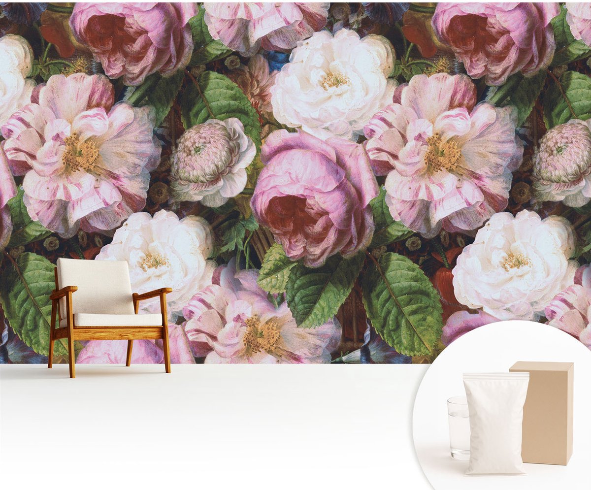 Wallfluent Fotobehang - Roze Vliesbehang - 416x254 cm - Bloemige Elegantie Muurschildering - Slaapkamer behang Bloemen En Planten - Fotobehang Vlies - Slaapkamer behang