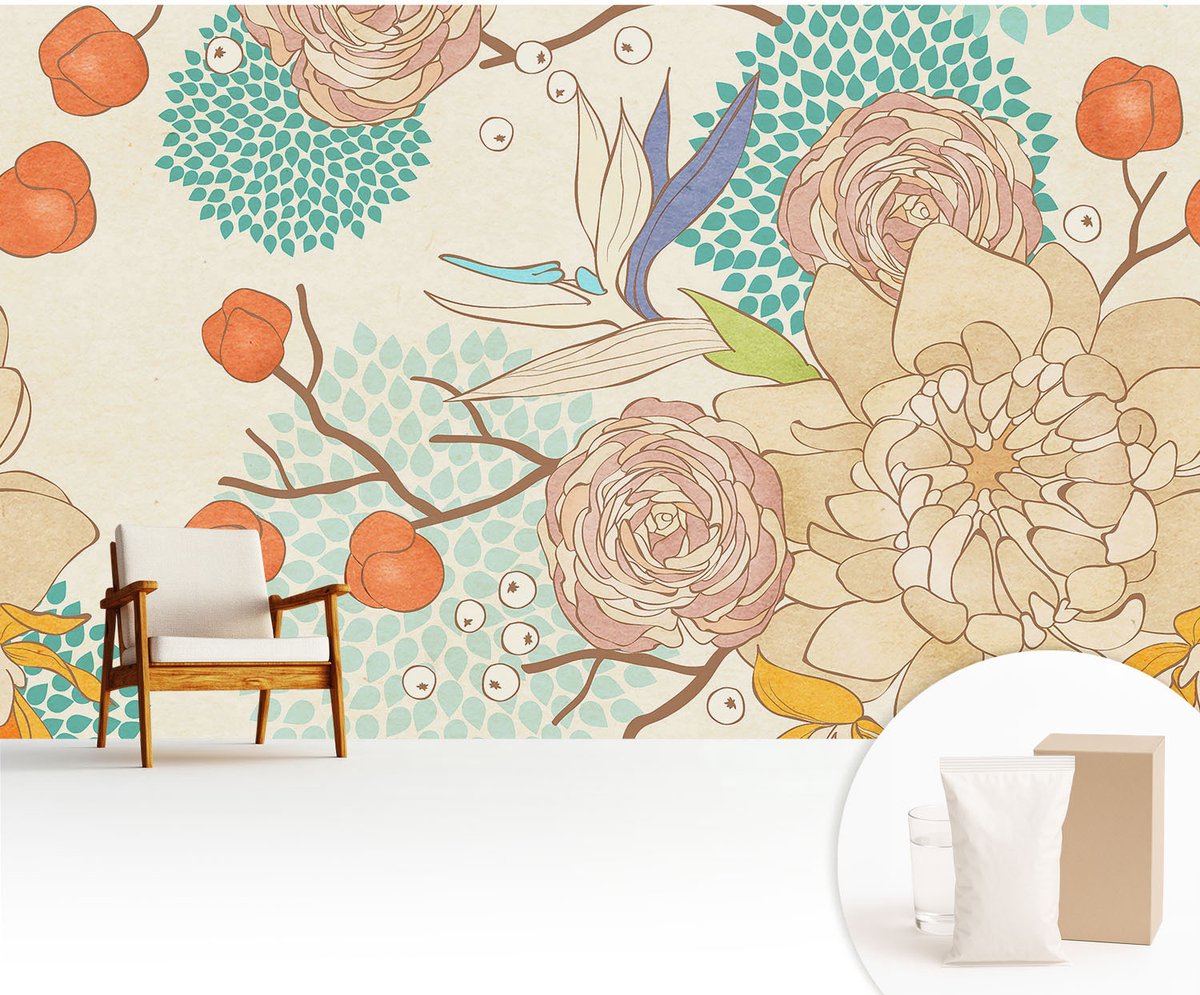 Wallfluent Fotobehang - Wit Vliesbehang - 416x254 cm - Bloemenfantasie Fotobehang Vlies - Woonkamer behang Bloemen En Planten - Muurschildering - Woonkamer behang