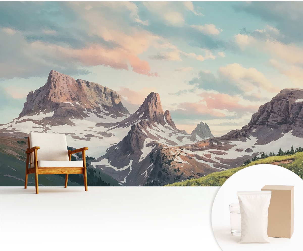 Wallfluent Fotobehang - Blauw Vliesbehang - 416x254 cm - Bergpanorama Fotobehang Vlies - Woonkamer behang Landschappen - Muurschildering - Hal behang