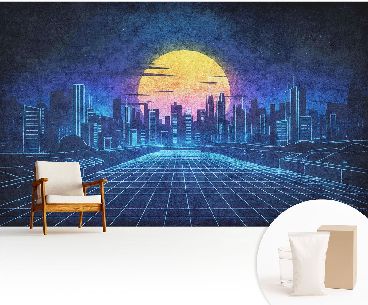 Wallfluent Fotobehang - Blauw Vliesbehang - 416x254 cm - Futuristisch Landschap Muurschildering - Gang behang Steden - Fotobehang Vlies - Gang behang