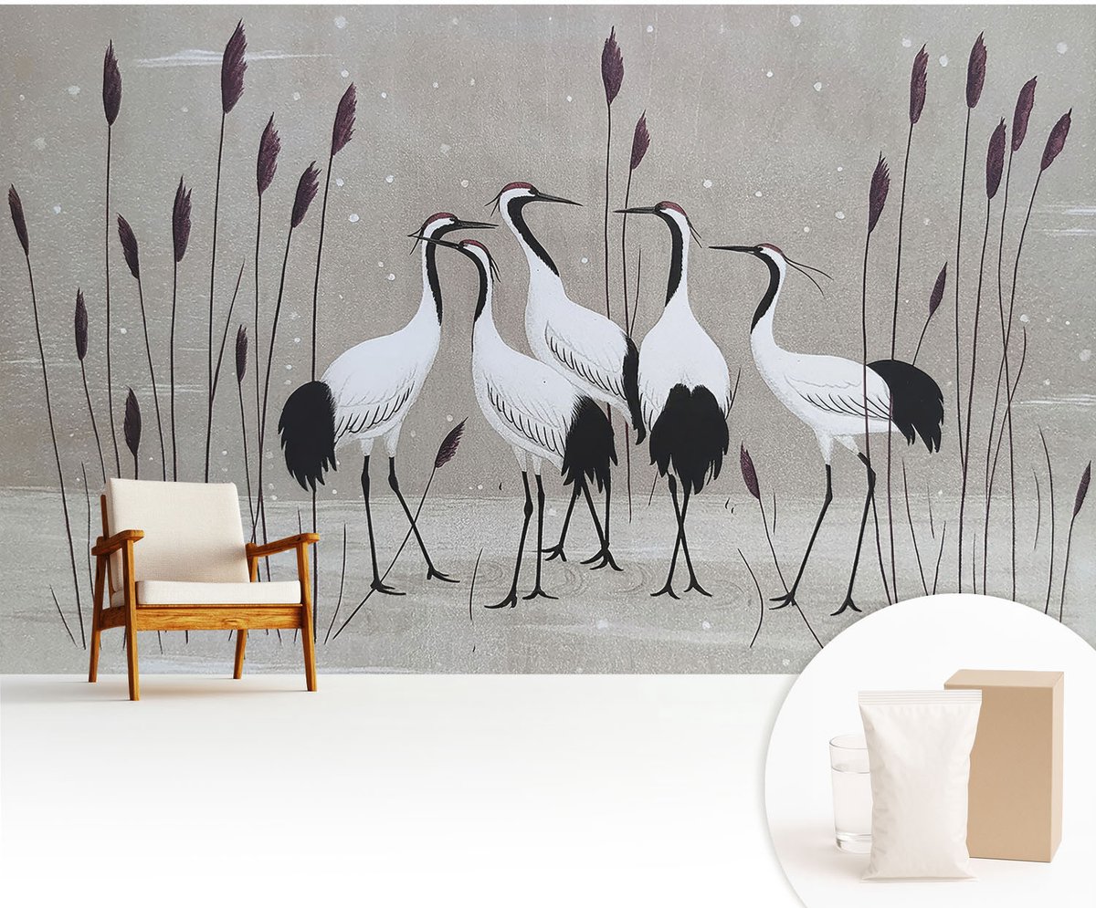 Wallfluent Fotobehang - Grijs Vliesbehang - 416x254 cm - Een Zwerm Kraanvogels Muurschildering - Gang behang Dieren - Fotobehang Vlies - Gang behang