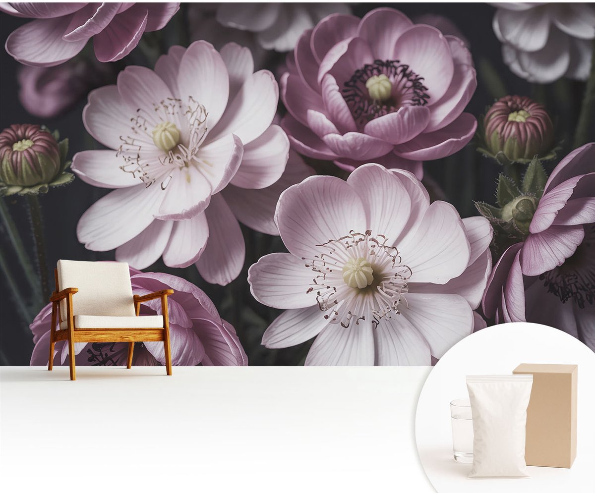 Wallfluent Fotobehang - Roze Vliesbehang - 416x254 cm - Bloemige Elegantie Fotobehang Vlies - Woonkamer behang Bloemen En Planten - Muurschildering - Woonkamer behang