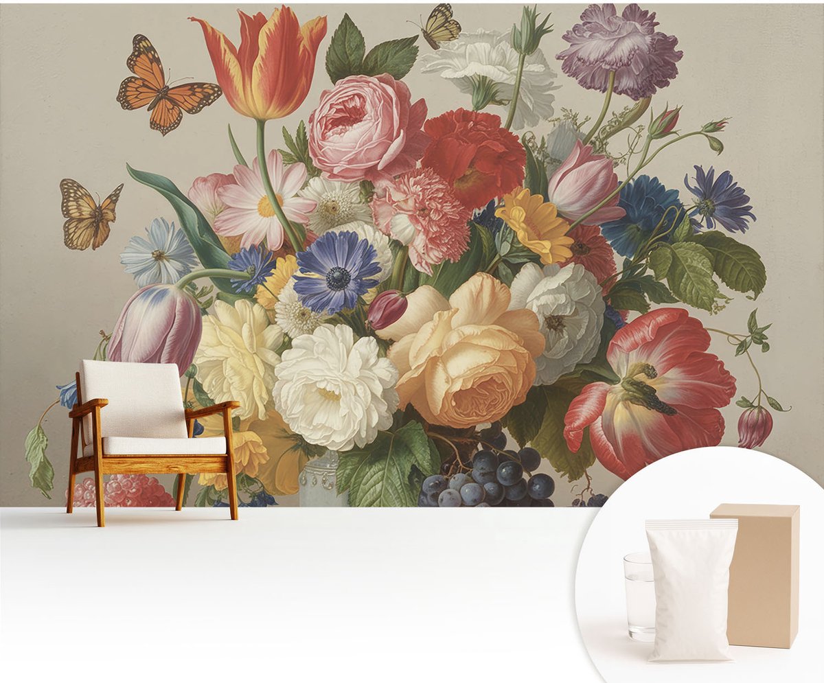 Wallfluent Fotobehang - Rood Vliesbehang - 416x254 cm - Bloemen En Vlinders Muurschildering - Gang behang Bloemen En Planten - Fotobehang Vlies - Slaapkamer behang