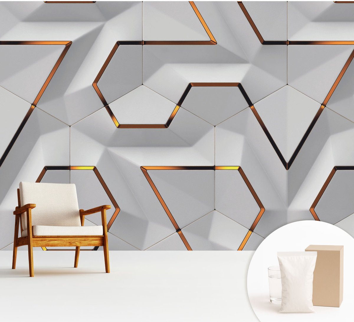Wallfluent Fotobehang - Wit Vliesbehang - 312x219 cm - Driedimensionale Patronen Muurschildering - Slaapkamer behang Geometrie - Fotobehang Vlies - Gang behang