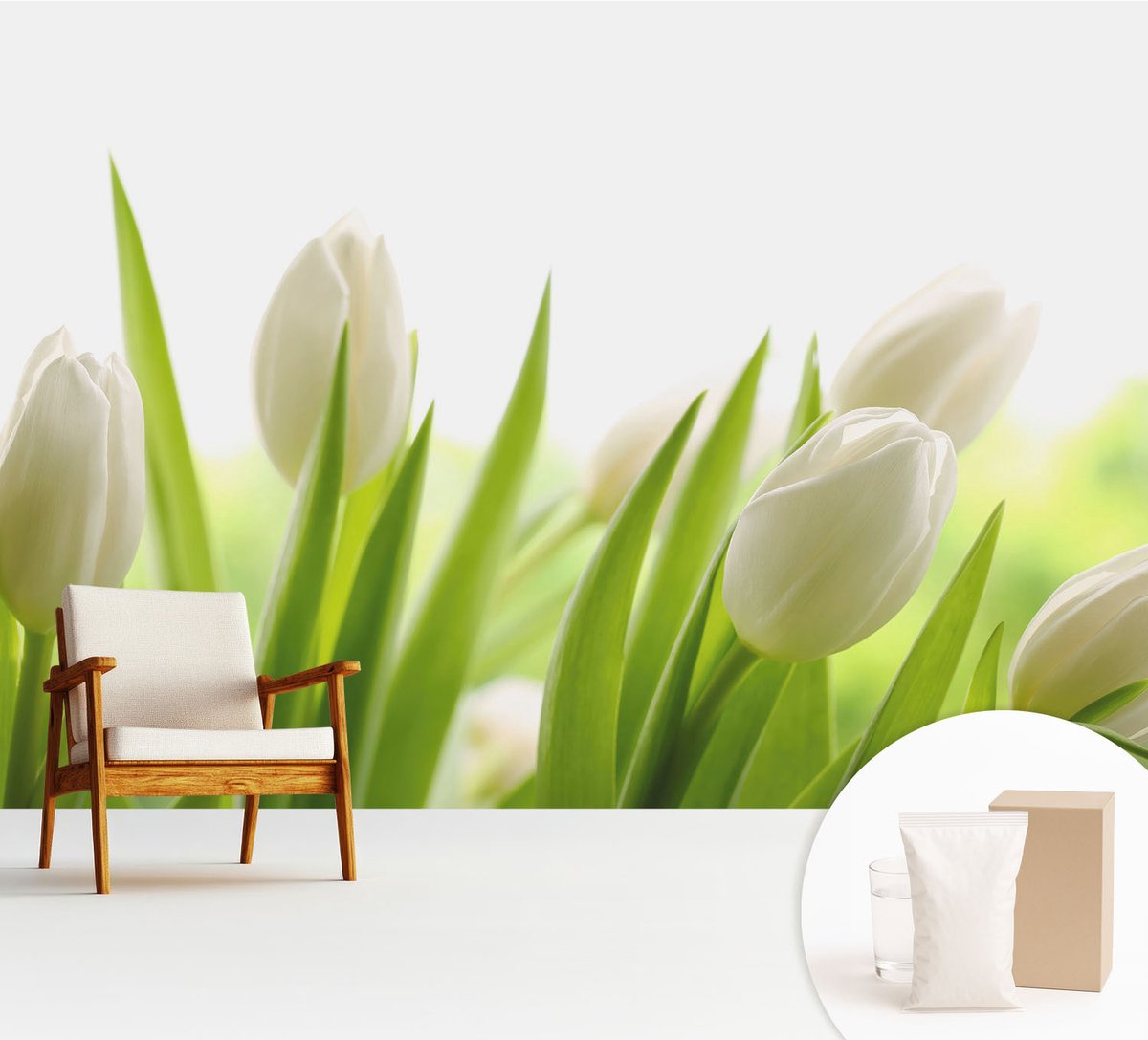 Wallfluent Fotobehang - Wit Vliesbehang - 312x219 cm - Witte Tulpen Muurschildering - Slaapkamer behang Bloemen En Planten - Fotobehang Vlies - Slaapkamer behang