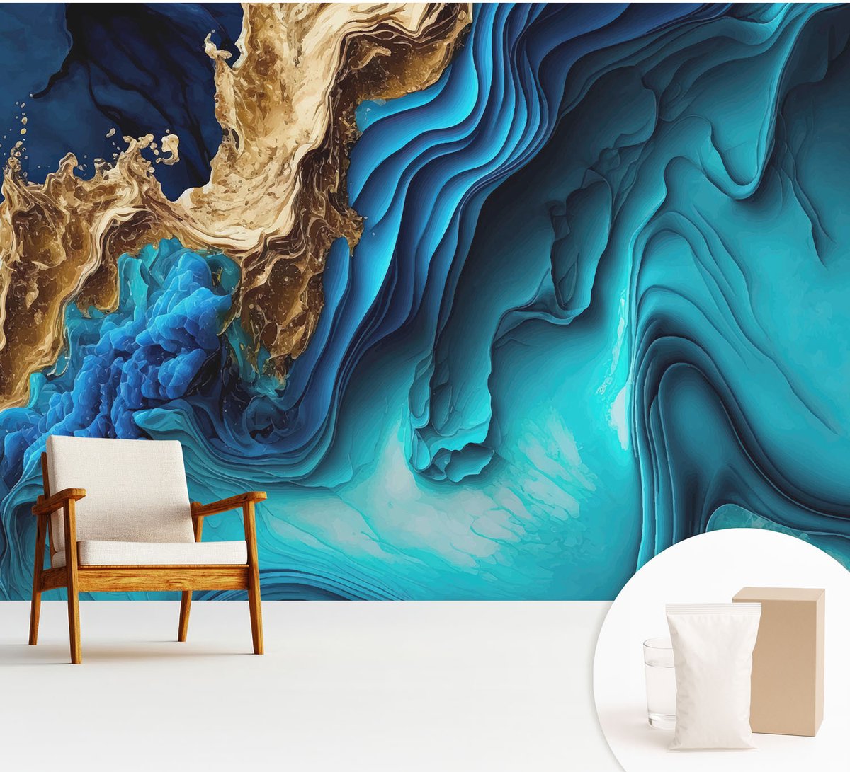 Wallfluent Fotobehang - Blauw Vliesbehang - 312x219 cm - Energiegolven Muurschildering - Gang behang Abstractie - Fotobehang Vlies - Gang behang