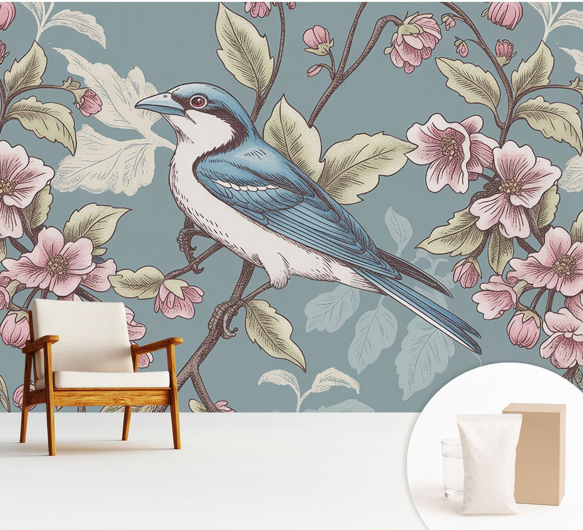 Wallfluent Fotobehang - Blauw Vliesbehang - 312x219 cm - Lente Harmonie Muurschildering - Slaapkamer behang Dieren - Fotobehang Vlies - Slaapkamer behang