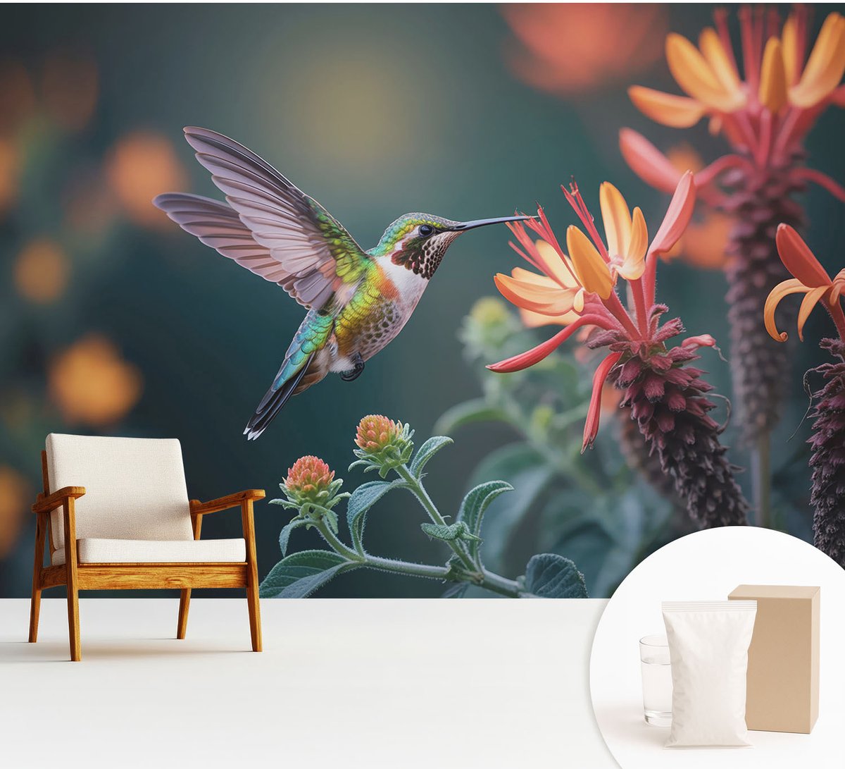 Wallfluent Fotobehang - Groente Vliesbehang - 312x219 cm - Kolibriebloemen Muurschildering - Gang behang Dieren - Fotobehang Vlies - Gang behang
