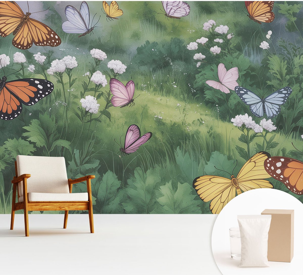 Wallfluent Fotobehang - Groente Vliesbehang - 312x219 cm - Vlinders In De Weide Fotobehang Vlies - Woonkamer behang Bloemen En Planten - Muurschildering - Hal behang
