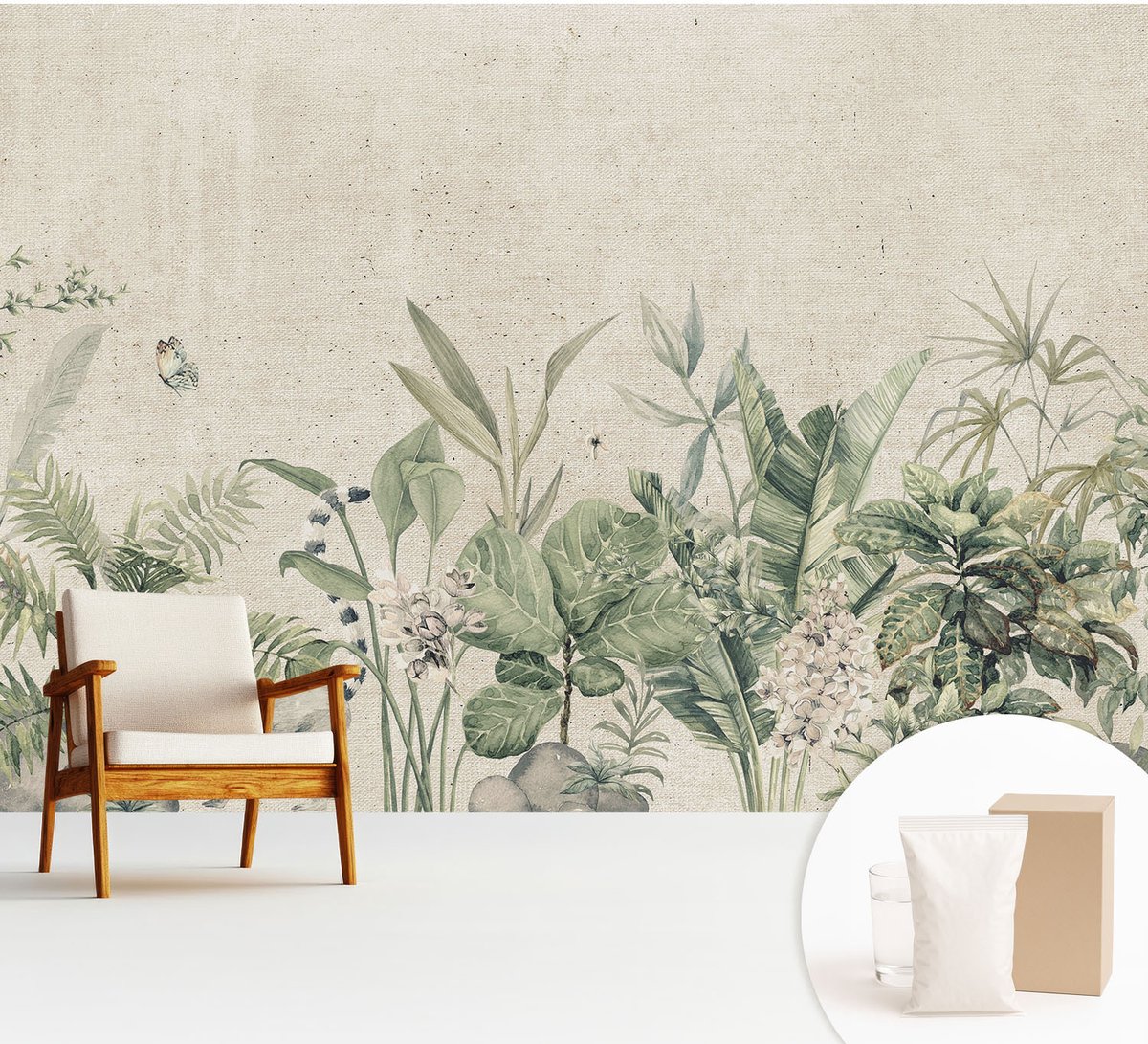 Wallfluent Fotobehang - Beige Vliesbehang - 312x219 cm - Tropische Jungle Fotobehang Vlies - Woonkamer behang Bloemen En Planten - Muurschildering - Hal behang
