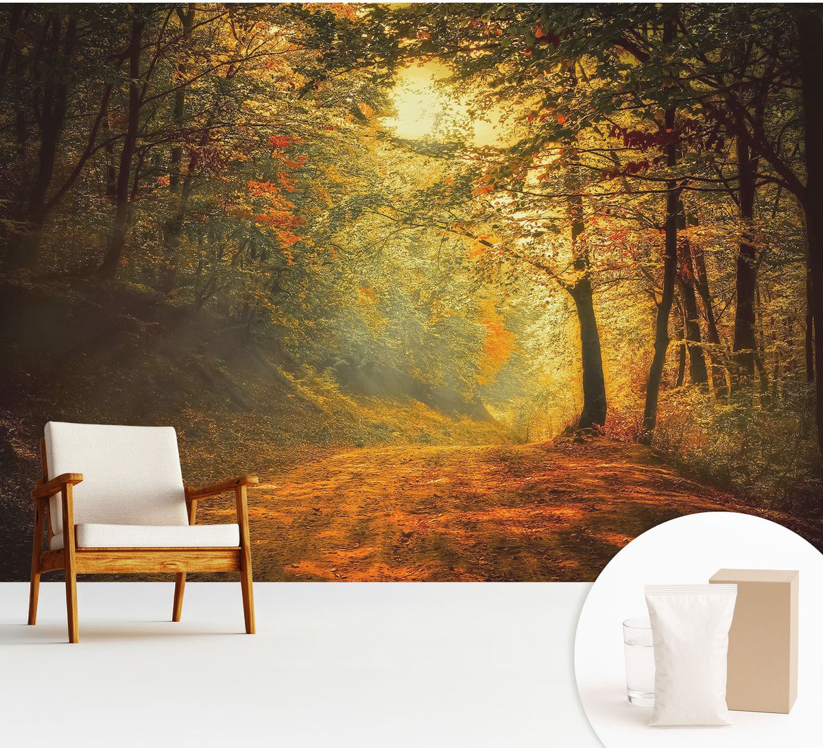 Wallfluent Fotobehang - Geel Vliesbehang - 312x219 cm - Herfstlandschap Muurschildering - Gang behang Landschappen - Fotobehang Vlies - Slaapkamer behang