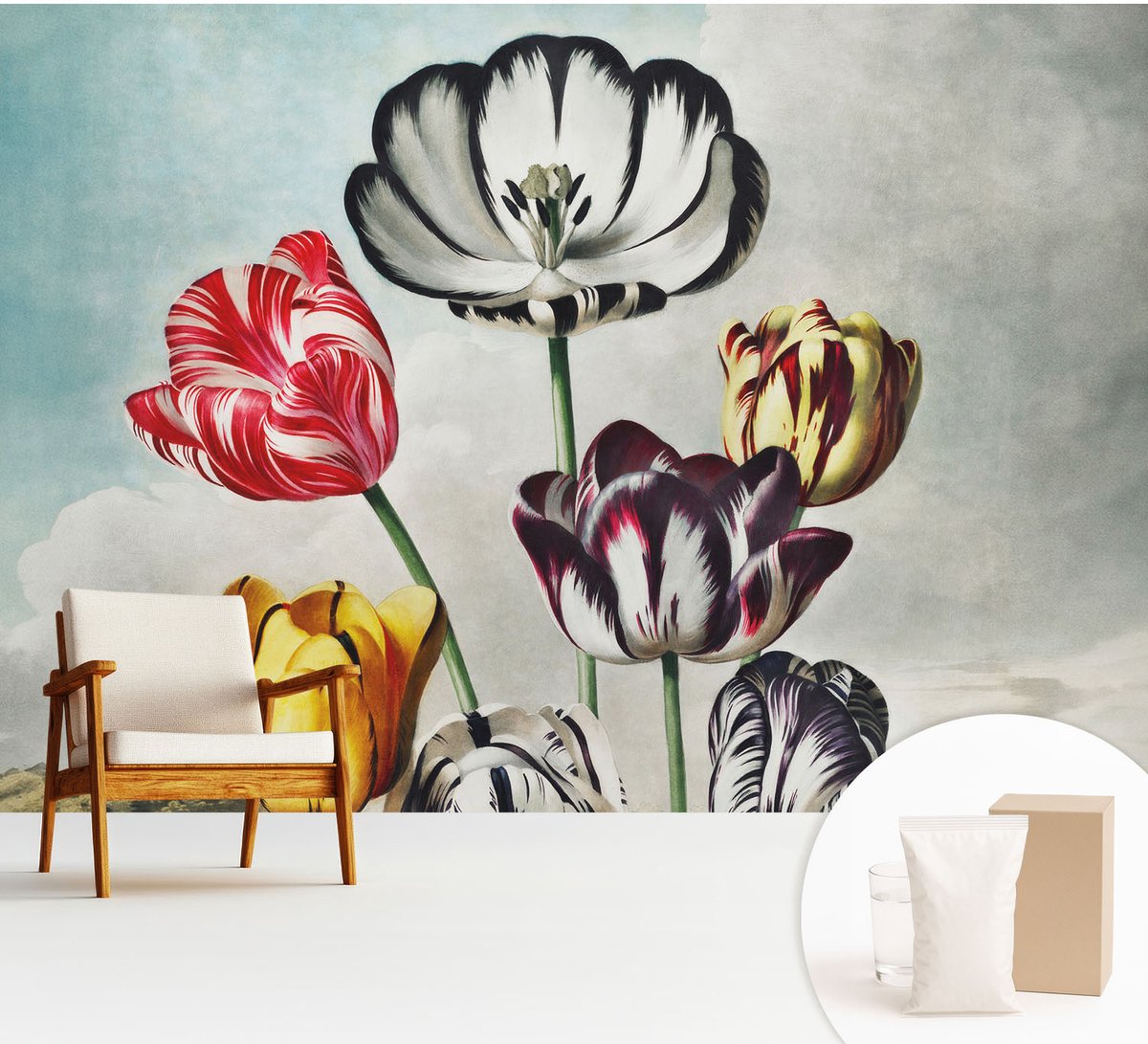 Wallfluent Fotobehang - Zwart Vliesbehang - 312x219 cm - Kleurrijke Tulpen Fotobehang Vlies - Hal behang Bloemen En Planten - Muurschildering - Woonkamer behang