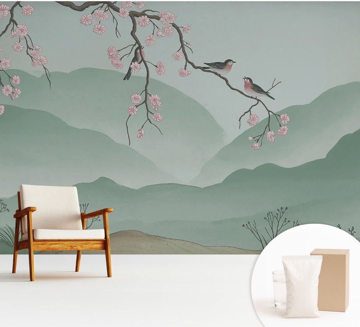 Wallfluent Fotobehang - Grijs Vliesbehang - 312x219 cm - Japanse Serenade Fotobehang Vlies - Hal behang Bloemen En Planten - Muurschildering - Woonkamer behang